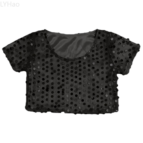 LYHao Girls Glitter Sequin Crop Top Short Sleeve Shirts For Stage Performance Dancing And Show Sizes 3-8 Years(Black)