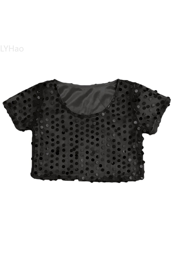 Girls Glitter Sequin Crop Top Short Sleeve Shirts For Stage Performance Dancing And Show Sizes 3-8 Years(Black)