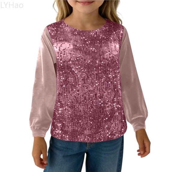 LYHao Girls Long Sleeve Loose Fit Round Neck Glitter Tee Casual School Blouse Comfortable Everyday Shirt For Toddler Kid Sizes 12-13 Years(Pink)