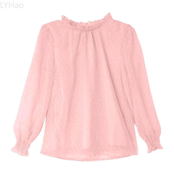 LYHao Girls Ruffle Long Sleeve Blouse With Elastic Cuffs Elegant Summer Shirts For Toddler Kids Sizes 9-10 Years(Pink)