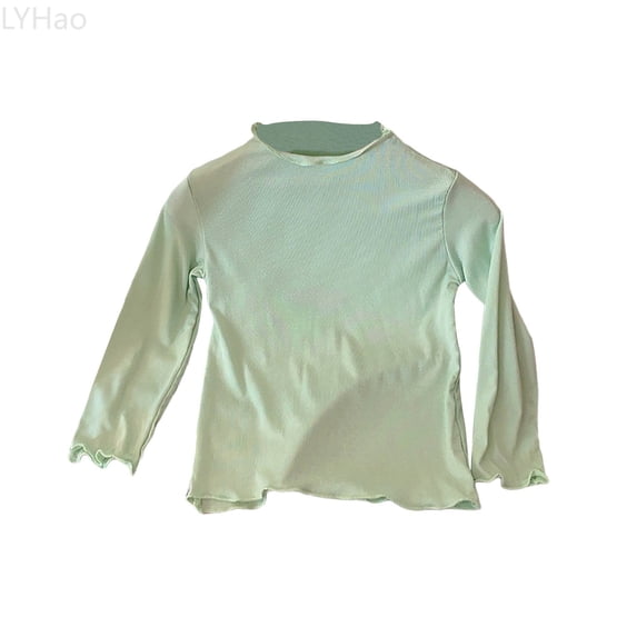 LYHao Girls Solid Color Collar Long Sleeve Blouse Ruffle Trim Layering Tee Shirt For Toddler And Kids Fashion Top Sizes 5-6 Years(Green)