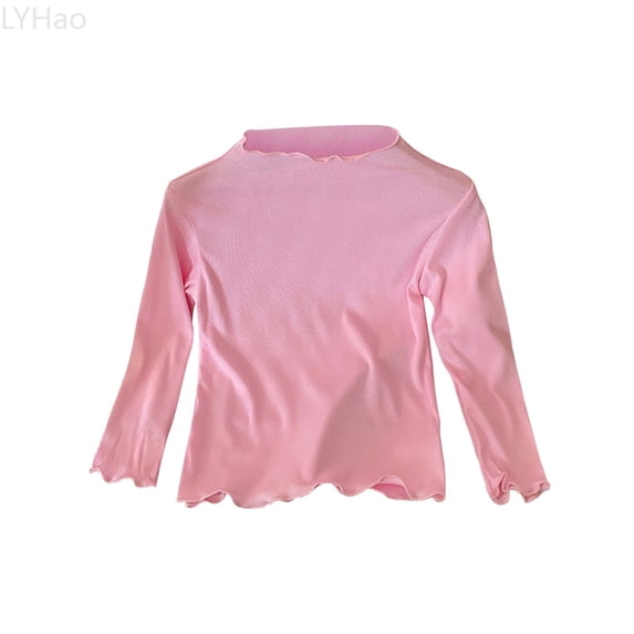 LYHao Girls Solid Color Collar Long Sleeve Blouse Ruffle Trim Layering Tee Shirt For Toddler And Kids Fashion Top Sizes 5-6 Years(Pink)