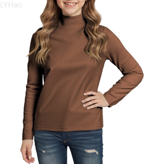 LYHao Girls Solid Color Half Neck Pullover Base Shirt Warm Long Sleeved T Shirt for Inner Layer Sizes 5-6 Years(Brown)