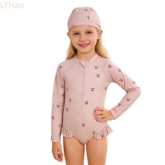 LYHao Girls Sun Swimwear With Prints UPF 50+ Rash Guard Long Sleeve Bathing For Toddler Kids Beach Pool,One-Piece Swimwear 3-4 Years Beige