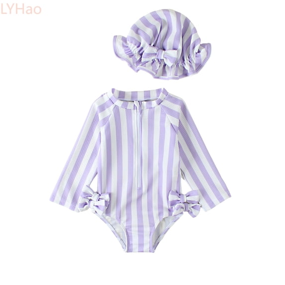 LYHao Girls Swimsuit With Hood Zipper Striped Cute Bow Fabric For Toddler And Kids Swimming,One-Piece Swimwear 2-3 Years Purple
