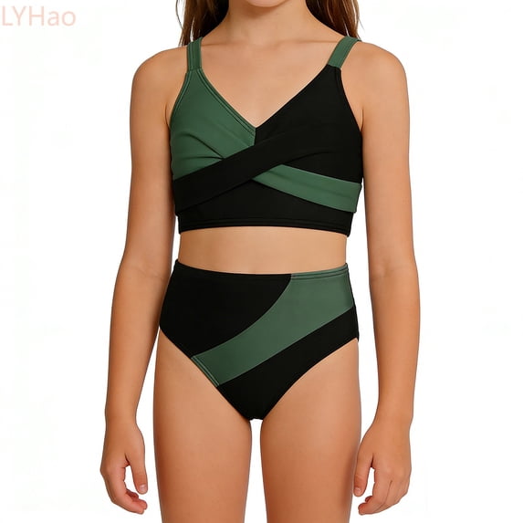 LYHao Girls Swimsuits Bikini Color V Neck Girl Swimsuit Two Piece Cut Bathing,Swimwear Sets 13-14 Years Green