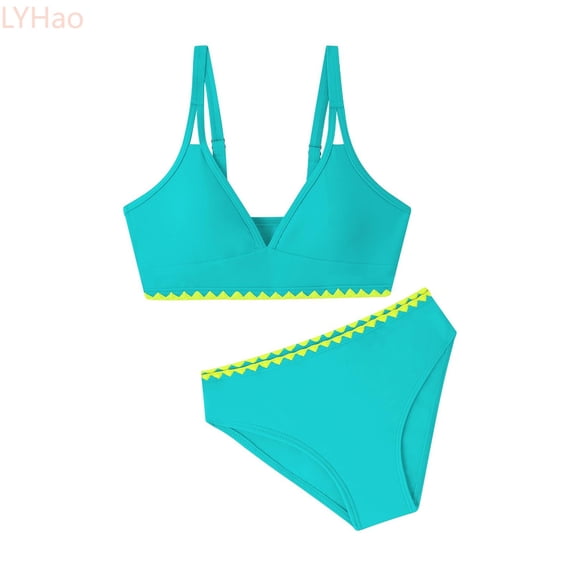 LYHao Girls Swimsuits V Neck Double Strap Design Cute Girls Bikini Swim Two Piece With Chest Pad,2 Piece Bathing Suit 15-16 Years Green
