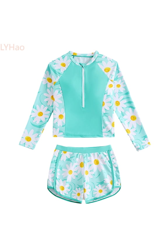 Girls Swimwear Long Sleeve Rash Guard Bikini Set UPF 50+ Sun Two Piece Bathing Suit For Beach Pool Summer,2 Piece Bikini Set 7-8 Years Green