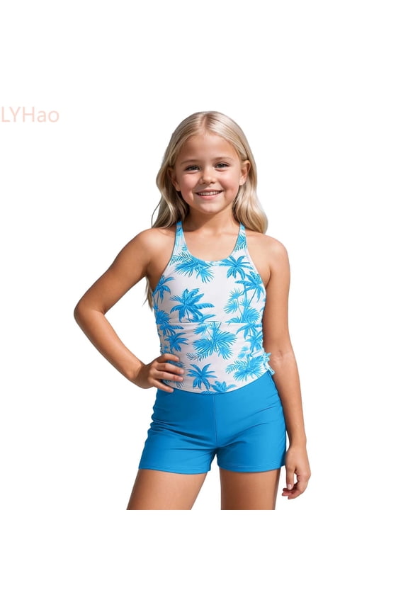 Girls Two Piece Swimsuits For Kids UPF 50 Sun Rash Guard And Swim Shorts For Beach Pool Water Play,Swimwear Sets 5-6 Years Blue