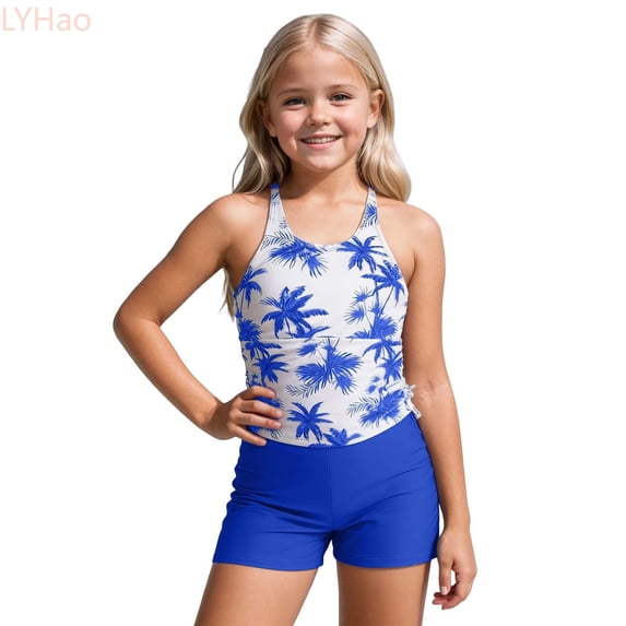 LYHao Girls Two Piece Swimsuits For Kids UPF 50 Sun Rash Guard And Swim Shorts For Beach Pool Water Play,Swimwear Sets 5-6 Years Blue