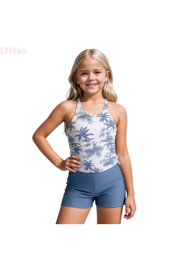 Girls Two Piece Swimsuits For Kids UPF 50 Sun Rash Guard And Swim Shorts For Beach Pool Water Play,Swimwear Sets 7-8 Years Blue