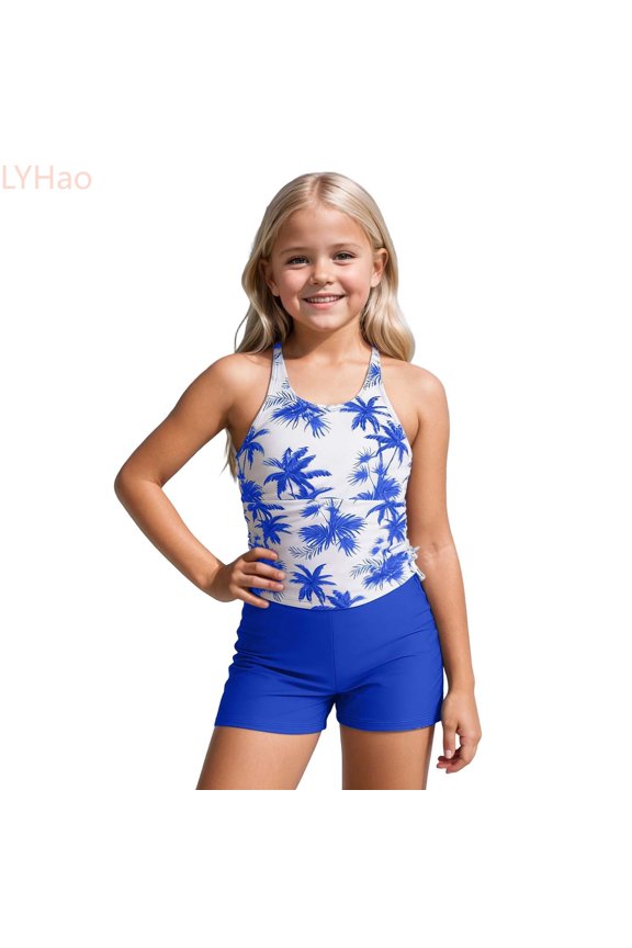 Girls Two Piece Swimsuits For Kids UPF 50 Sun Rash Guard And Swim Shorts For Beach Pool Water Play,Swimwear Sets 7-8 Years Blue