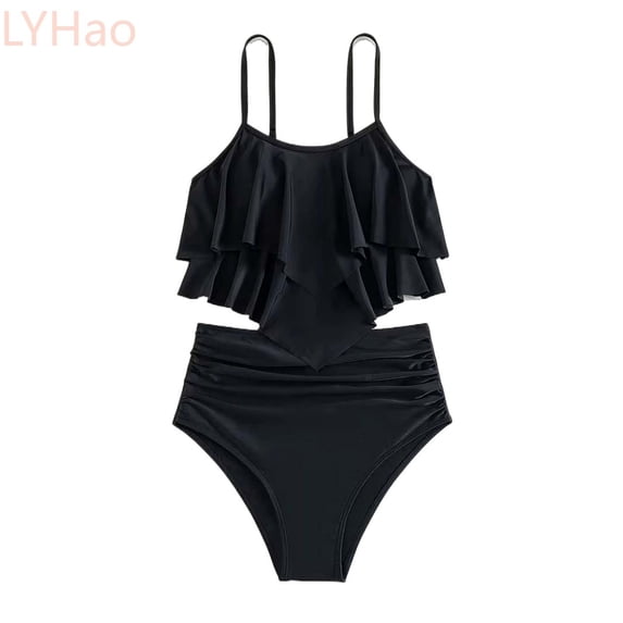 LYHao Girls Two Piece Swimwear Solid Color Fashion Bikini With Ruffled Back And Tankini Top For Teens And Youth,One-Piece Swimsuit 10-11 Years Black
