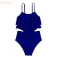 thumbnail image 1 of LYHao Girls Two Piece Swimwear Solid Color Fashion Bikini With Ruffled Back And Tankini Top For Teens And Youth,One-Piece Swimsuit 12-13 Years Blue, 1 of 4