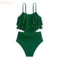 thumbnail image 1 of LYHao Girls Two Piece Swimwear Solid Color Fashion Bikini With Ruffled Back And Tankini Top For Teens And Youth,One-Piece Swimsuit 12-13 Years Green, 1 of 4
