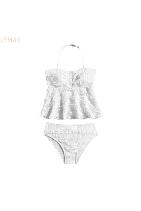 High Elasticity Ribbed Textured Girls' Tankini Two Piece Swimsuit For Children. Girls' Swimming For Ages 7 14.,Two-Piece Swimwear 11-12 Years White