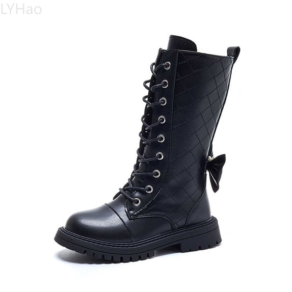 LYHao Soft Sole High Top Boots For Girls With Style Ribbon Detail Long Leather Boots ,Girls Boots Sizes 12.5 Black(6-7 Years)