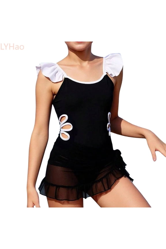 Solid Color Bikini Swimsuit For Teen Girls Monokini Bathing With Adjustable Straps And Comfortable,Two Piece Bikini Sets 11-12 Years Black