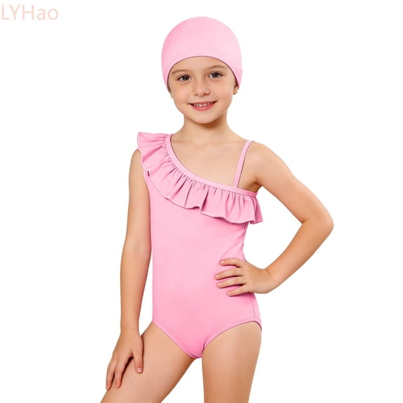 LYHao Solid Color Swimsuit And Swim Cap For Girls Comfortable Bathing With UPF Sun,One-Piece Swimwear 3-4 Years Pink