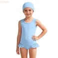 thumbnail image 1 of LYHao Solid Color Swimsuit With Matching Cap For Girls Comfortable Swimwear,One-Piece Bathing Suit 15-16 Years Blue, 1 of 5