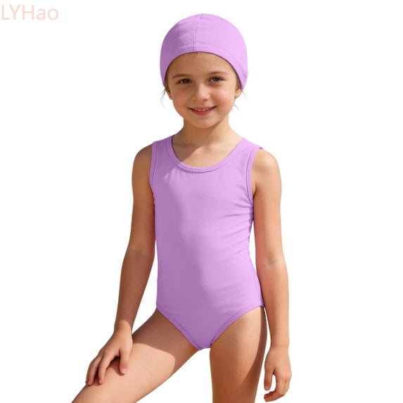 LYHao Solid Color Swimsuit With Matching Swim Cap For Girls Comfortable Bathing,One-Piece Swimsuit 15-16 Years Purple
