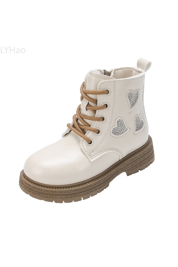 Stylish Girls Ankle Boots With Heart Rhinestone Leather Lace Up Side Zipper Design For Winter Fashion Outfits ,Girls Boots Sizes 10.5 Beige(4-4.5 Years)