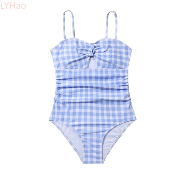 LYHao Summer Swimsuit Skintight Bodysuit Bikini For Girl 2024 New Girls' Swimwear Swimsuit Children's Blue Plaid Bikini,One-Piece Swimsuit 9-10 Years Blue