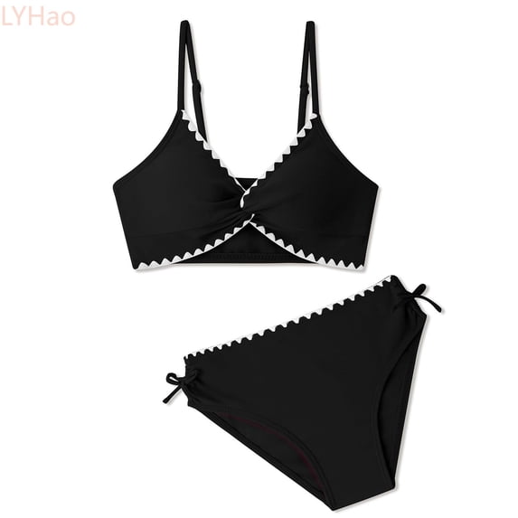 LYHao Swimsuits V Neck Drawstring Cute Girls Bikini Swim Two Piece With Chest Pad,2 Piece Bikini Set 15-16 Years Black