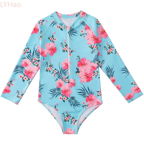LYHao Toddler Girls Long Sleeve Floral Printing Beach Bathing Suit Girls Swimwear Swimsuit,One-Piece Swimwear 18-24 Months Blue