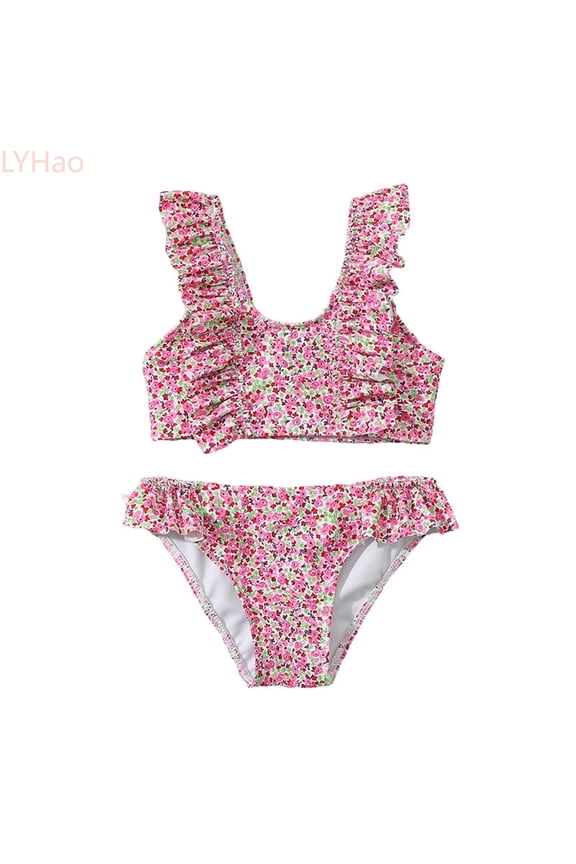 Toddler Girls Swimsuit Set Ruffle Trim Bikini With Pastel Floral Pattern | UPF 50+ Sun Protction Swimwear,Two Piece Bikini Sets 3-4 Years Pink