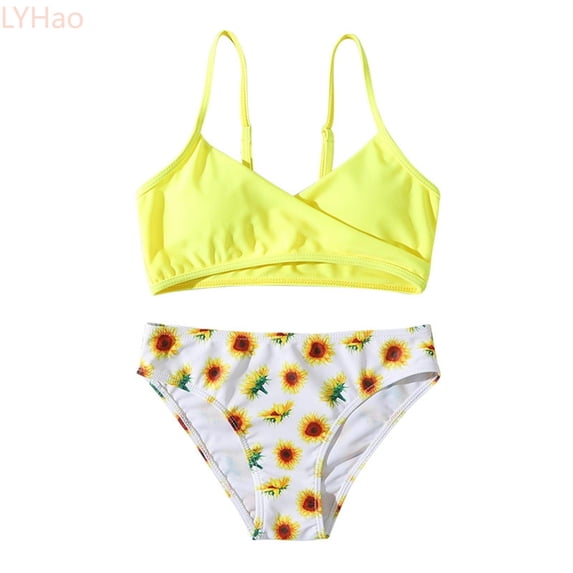 LYHao Toddler Girls Swimsuit Sports Yellow Sunflower Print Bikini Split Swimsuit Beach Swimsuit Suit,Swimsuits Sets 6-7 Years Yellow