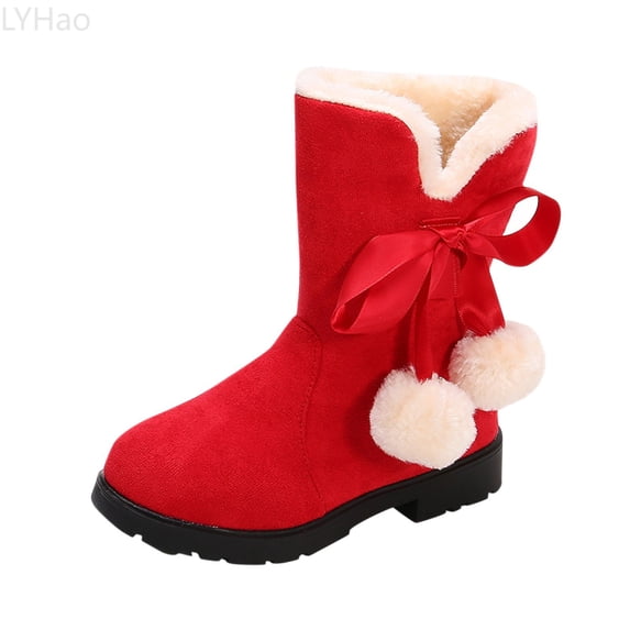 LYHao Winter Kids Boots With Bow For Girls Cozy Warm Boots For Everyday Play And Easy On/Off Comfort ,Girls Boots Sizes 6 Red(12-12.5 Years)