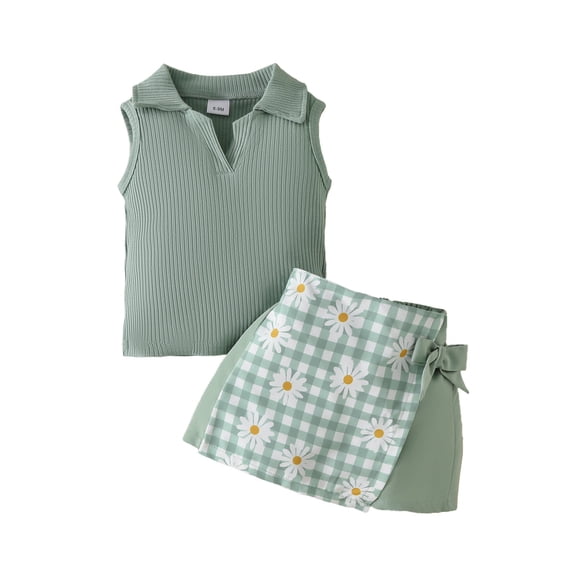 LYHaoo 2 Pcs Outfits Sets for Girls Summer Toddler Girls Sleeveless Ribbed Vest T Shirt Tops Floral Plaid Shorts Outfits Sizes 6-9 Months(Green)