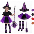 thumbnail image 1 of LYHaoo 4 Pcs Halloween Witch , Kids Girls Cute Tutu Skirt with Witch Hat Broom Striped High Stockings for Themed Party(4-10 Years), 1 of 4