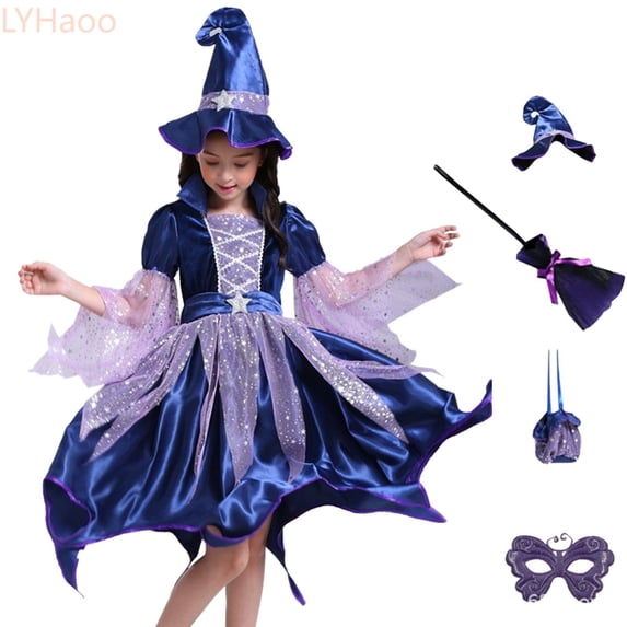 LYHaoo 5 PCS Witch Costume for Girls, Halloween Sequin Tulle Witch Dress with Hat Broom Bag Kids Party Dress Up Outfits(3-4 Years)