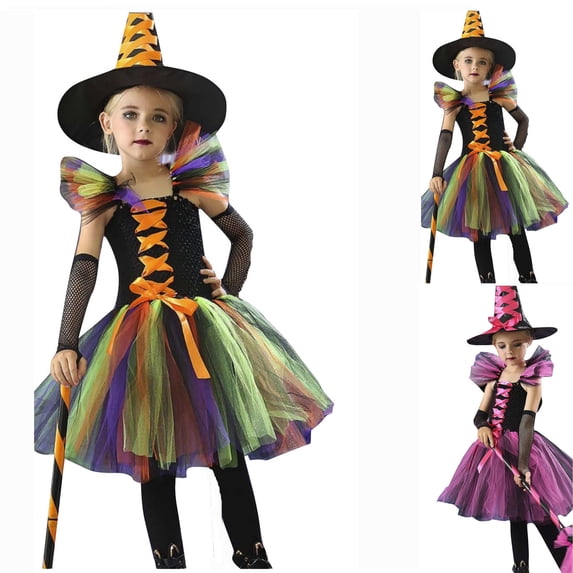 LYHaoo 5 Pcs Girls Halloween Witch Dress Cute Witch Hat Broom High Stockings Costume Set for Kids Party Dress Up(3-4 Years)