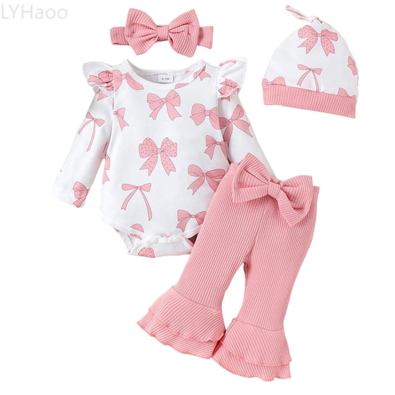 LYHaoo Adorable Baby Girl Outfit Four Piece Ensemble With Bow Romper Flared Pants Headband And Hat For Photoshoot Party And Daily Casual Wear Girls Outfit Sets Sizes 2-3 Months(Pink)