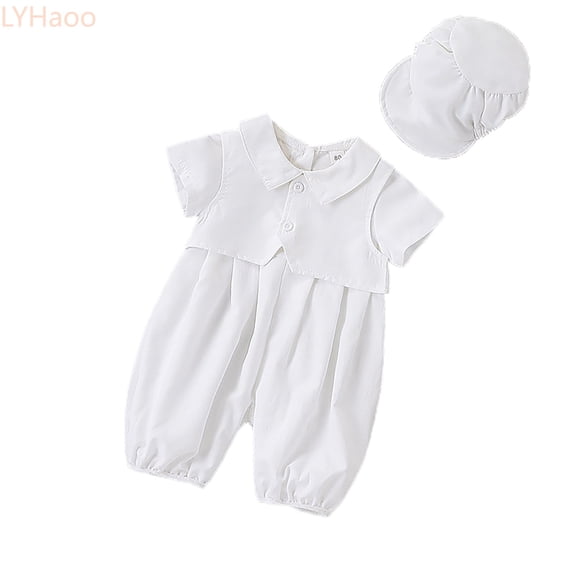 LYHaoo Baby Boys Summer Outfits Long Sleeve Romper With Hat Casual White Jumpsuit For 0 12 Months Soft Breathable Fabric Everyday Wear Boys Outfit Sets Sizes (0-3 Months)