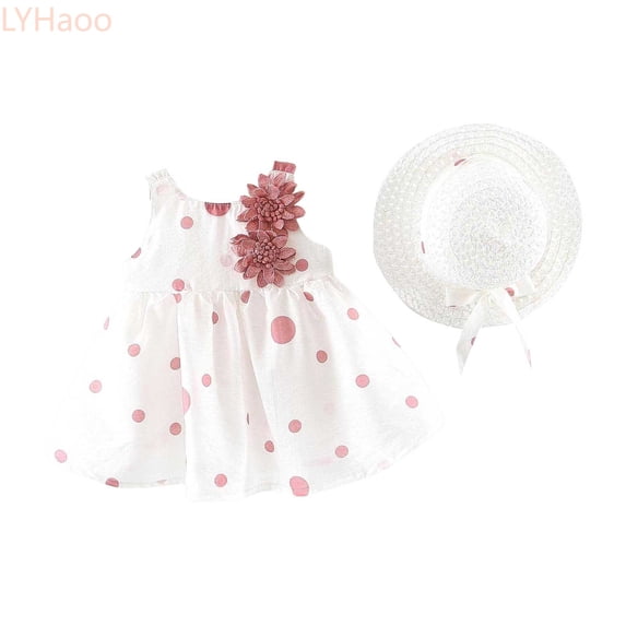LYHaoo Baby Girl Tutu Dress Summer Sleeveless Backless Birthday Party Dresses Flower Bow Sunress With Straw Hat Set,Vintage Girls Dress Sizes 3-4 Years Pink