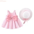 thumbnail image 1 of LYHaoo Baby Kids Girls Sleeveless Bow Plaid Print Dress+Hat Set Outfit,Princess Casual Dresses Sizes 3-4 Years Pink, 1 of 4