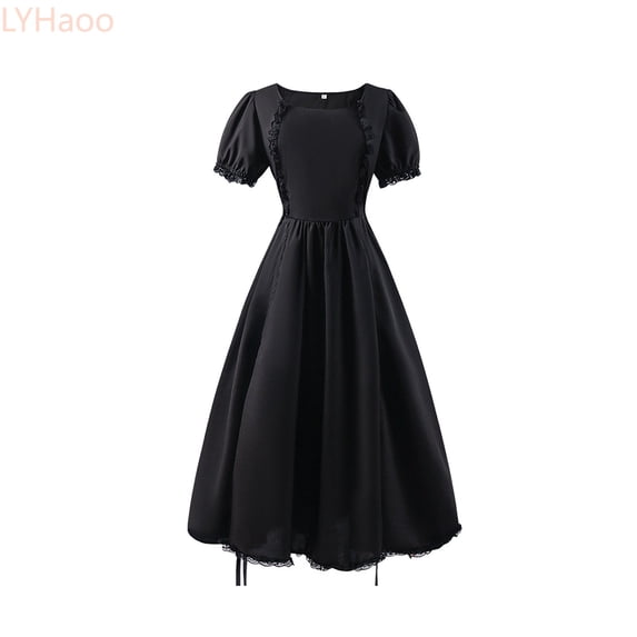 LYHaoo Big Girls Regency Dresses Ruffled Classical Puff Sleeve Empire Waist Dress Gown,Girls Lace Dresses Sizes 16-18 Years Black