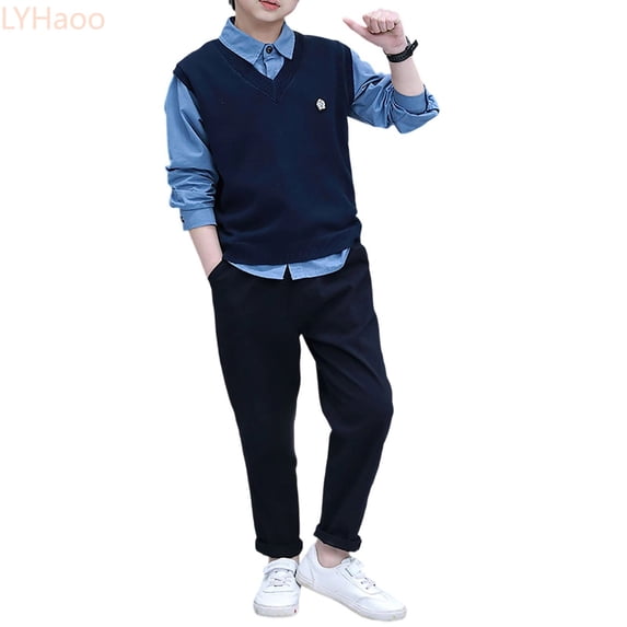 LYHaoo Boy's Spring Autumn Suit Set Children's Medium Large Size Stylish Academic Style Long Sleeved Shirt And Set Suitable For 3 15 Years Old. Boys Pant Sets for School Casual Sizes (3-4 Years)