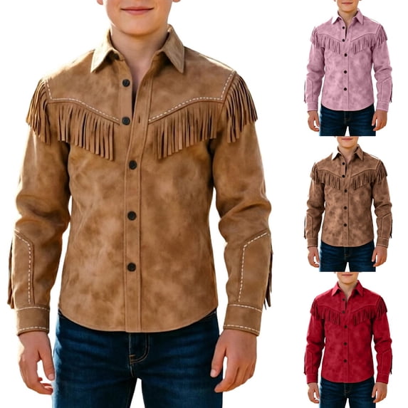 LYHaoo Boy's Western Shirts Halloween Fringes Long Sleeve Button Down Shirts Loose Fit Tops for Party(5-6 Years)