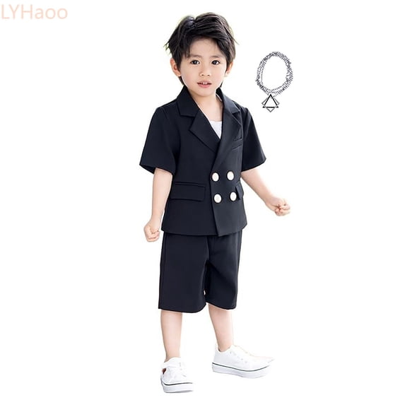 LYHaoo Boys Business Suits Short Sleeve Coat 3 Piece Outfit Tuxedo Set For Kids Formal Suit For Boys With Shorts Pants Necklace Set Slim Boys School Clothing Sets Sizes (2-3 Years)