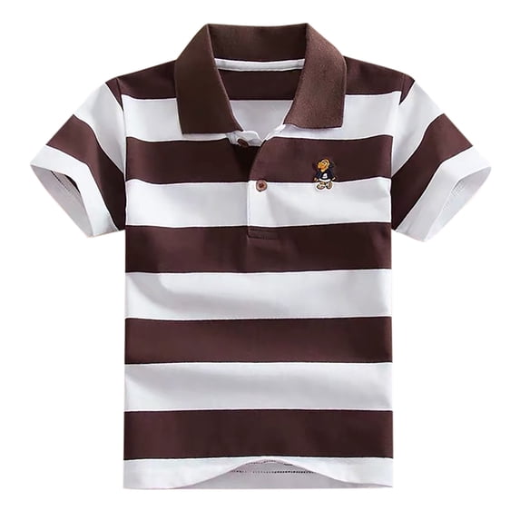 LYHaoo Boys Button Front Shirt Striped Short Sleeve Tee, Casual Collared Shirts Tops Sizes 10-11 Years Brown