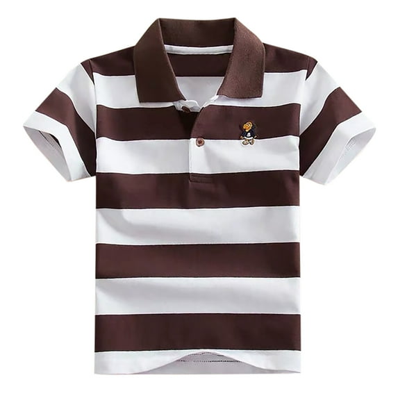 LYHaoo Boys Button Front Shirt Striped Short Sleeve Tee, Casual Collared Shirts Tops Sizes 7-8 Years Brown