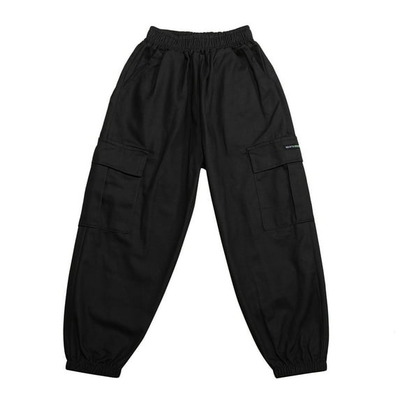 LYHaoo Boys Cargo Pants Elastic Waist Straight Leg Kids Cotton Joggers Pants Relaxed Fit Pant Sizes 8-9 Years Black