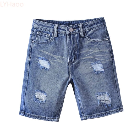 LYHaoo Boys Denim Shorts Boys Summer Casual Shorts Trendy Streetwear Distressed Denim Elastic Waist Comfortable Outdoor Play Travel Loose Fit Fashion Sizes 8-9 Years(Blue)
