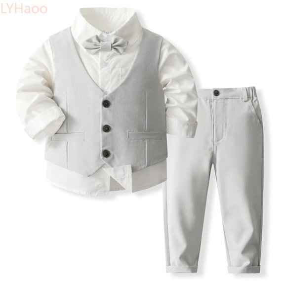 LYHaoo Boys Formal Outfits Set Shirt Vest Pants Bow Tie Suit For Kids Wedding Party Church Occasions Boys Pants Clothing Set Sizes (3-4 Years)