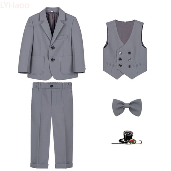 LYHaoo Boys Gentleman Outfits Set Kids Toddler Baby Boys Spring Fall Plaid Long Sleeve Shirt Pants Coat Bow Tie Outfits 5PC Suit Clothe Sizes 4-5 Years(Gray)